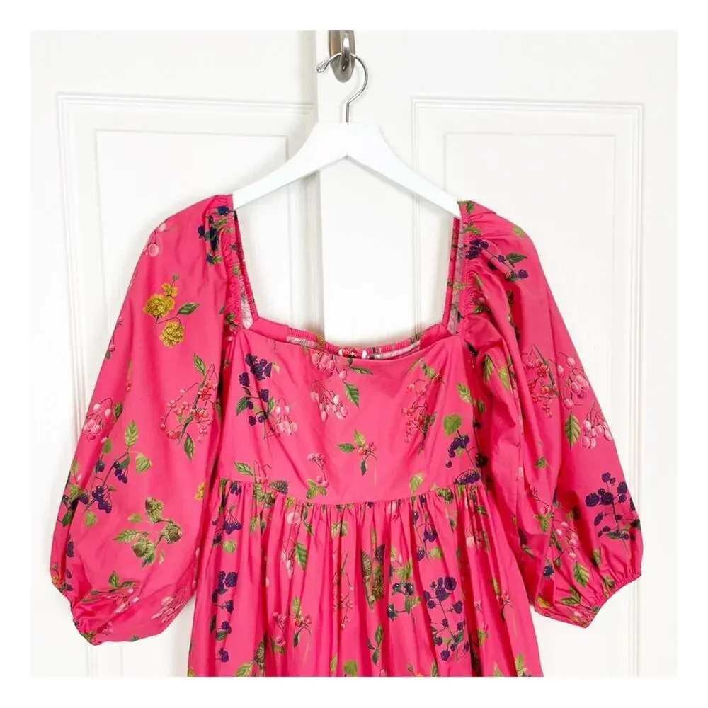 Cara Cara Sip Sip Floral Mini Dress Babydoll Puff Sleeve Cotton Resortwear Sz XS